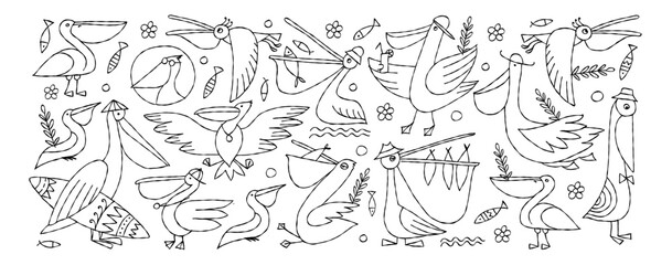 Pelicans family. Funny characters. Colouring page. Horizontal frame for your design - banners, cards, print, mugs etc - 763802424