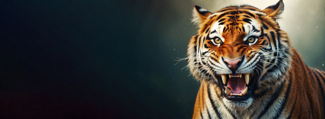 tiger with wide toothy grin on dark background banner copy space. Exudes confidence and power, wildlife photography, animal-themed designs, representing strength and ferocity in marketing campaigns