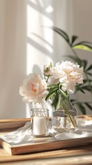 Fototapeta premium Two vases with flowers in them on a tray