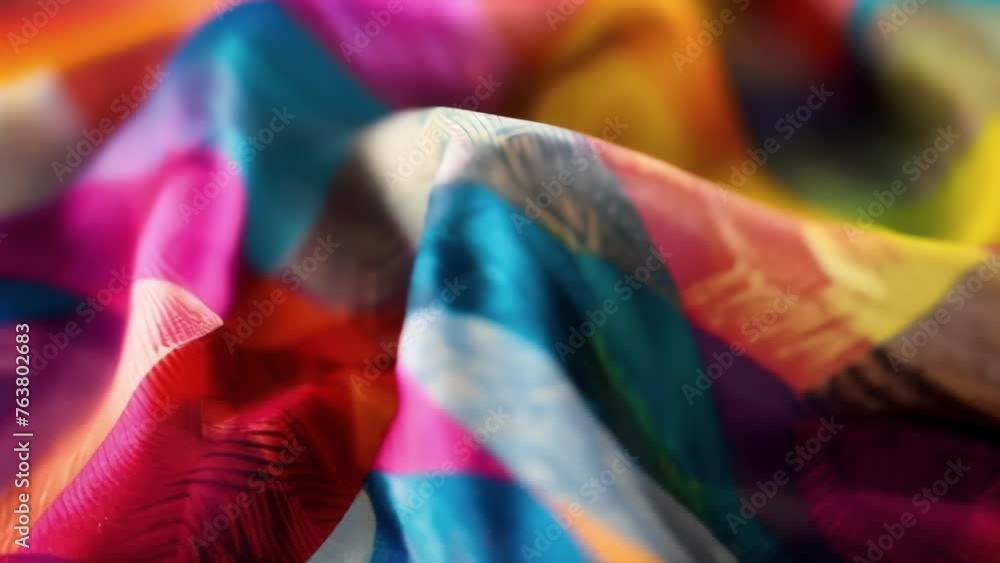 Poster in this image a fabric sample showcases the use of digital printing techniques to create a vibrant a
