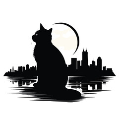 Black Cat Gazing at the City clipart isolated on white