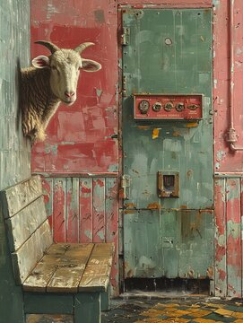 A goat is standing in front of a door