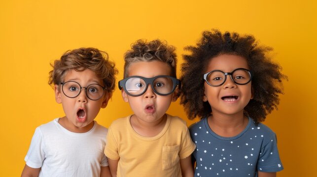 Three young children wearing glasses and making funny faces