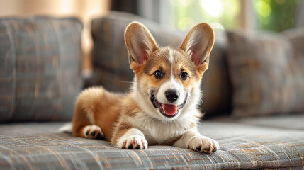 Welsh Corgi puppy, playfully winking, panting softly, and sitting contentedly in quiet isolation - obrazy, fototapety, plakaty