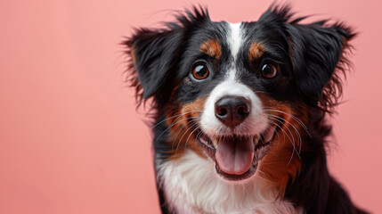 Medium-sized mixed breed dog, featuring a blend of brown, white, and black fur, captured with a cheerful smile against a soft pastel background - obrazy, fototapety, plakaty