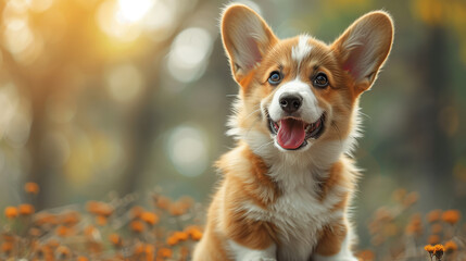 Welsh Corgi puppy, playfully winking while breathing gently and sitting contentedly in peaceful - obrazy, fototapety, plakaty