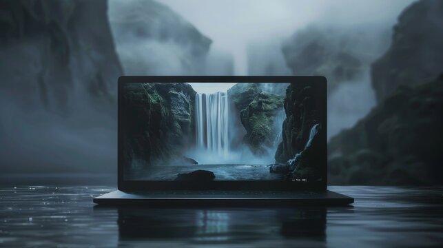 Mystical Waterfall Displayed on Laptop Screen, Perfect for Conceptual Technology