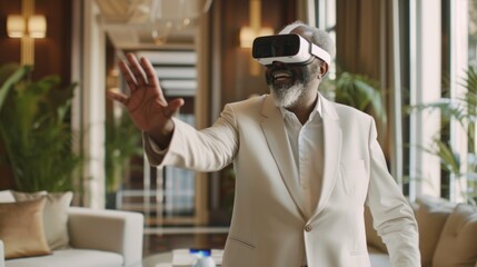 A man in a white suit is wearing a virtual headset