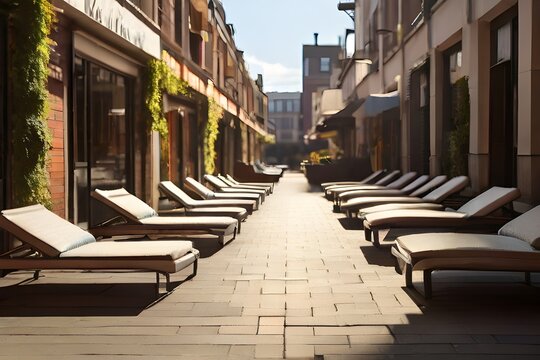 Rows of sun loungers in the early sunny morning near a closed cafe Generative AI