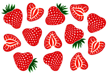 A set of strawberry berries randomly arranged on a white background. Whole and cut in half. Stylization. Red berries with white dots and green leaves. A strawberry cut in half has white veins.