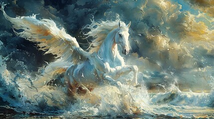 A white horse is running through the water with its wings spread out