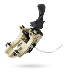 Spare part on a white isolated background in a photo studio for sale at an auto-parsing or replacement in a car service center - Automatic transmission selector gear lever with plastic elements