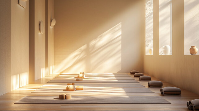 A calming photo of an empty yoga studio with soft lighting and mats