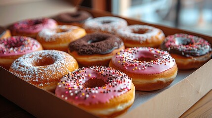 Box containing many colorful donuts on the table