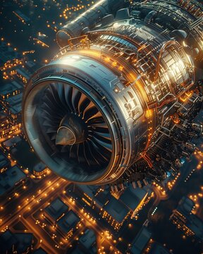 A symphony of precision engineering unfolds as the camera angle hovers above the jet engine, revealing the interconnected gears 