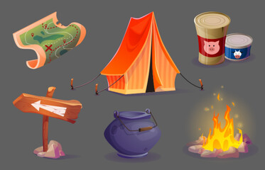 Camp equipment icon with tent for summer adventure. Outdoor hike element for picnic travel with map. Isolated trip campfire and survival recreation expedition. Cauldron and food can design with sign - obrazy, fototapety, plakaty