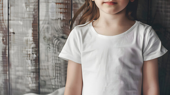 mockup featuring a child wearing a white shirt, showcasing its versatility for various designs and styles. no face, wooden background