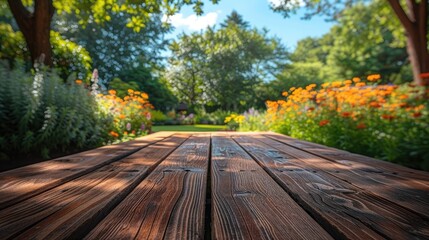 Naklejka na ściany i meble Perspective view of a rustic wooden table leading towards a vibrant summer garden in full bloom.