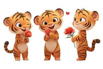 Obraz na płótnie Canvas The cartoon tiger baby stands smiling happily with a flower in his hand In one's clothes, white background PNG