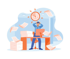 Men hold their heads because of the work that has piled up. Managers work with scattered documents and deadlines. Deadline concept. Flat vector illustration.