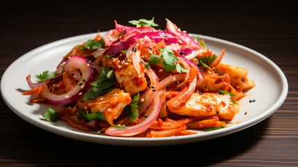 A plate of spicy Korean kimchi with cabbage and radish