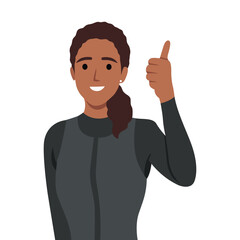 Woman diver wearing diver suit and giving a thumb up. Flat vector illustration isolated on white background