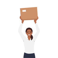 Woman holding package box up by her hands working as a courier, delivery service. Brown package, idea of transportation. Flat vector illustration isolated on white background