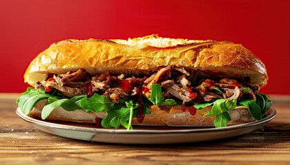 An advertising shoot, a juicy big royal sandwich, a sandwich appetizingly lying on a plate with all layers, a banner