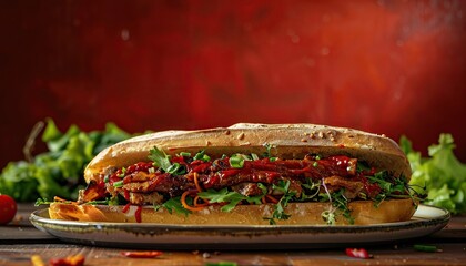 An advertising shoot, a juicy big royal sandwich, a sandwich appetizingly lying on a plate with all layers, a banner