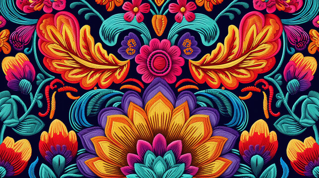 colorful floral pattern retro background made with embroidery