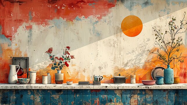 A wall with a sun and a bunch of vases and flowers