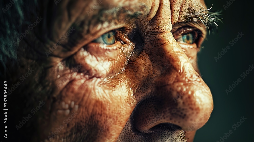 Poster a close-up of a person's face, etched with lines of wisdom and experience as they navigate the compl