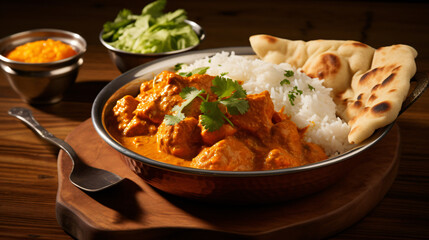 A plate of traditional Indian curry with rice and naan