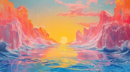 A painting of a mountain range with a pink and orange sky - Powered by Adobe