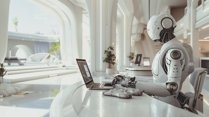 Robots work in the office, ai customer service, artificial intelligence, future robots replace humans,robots using computer laptop - obrazy, fototapety, plakaty
