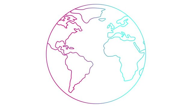 Animated linear pink blue symbol globe is drawn. Gradual drawing a planet Earth. Concept of travel, internet, ecology, globalization, network. Vector illustration isolated on white background.