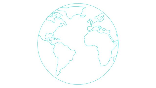 Animated linear blue symbol globe is drawn. Gradual drawing a planet Earth. Concept of travel, internet, ecology, globalization, network. Vector illustration isolated on white background.