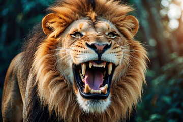 close-up portrait of lion with wide toothy grin looking at camera. Exudes confidence and power, wildlife photography, animal-themed designs, representing strength and ferocity in marketing campaigns - obrazy, fototapety, plakaty