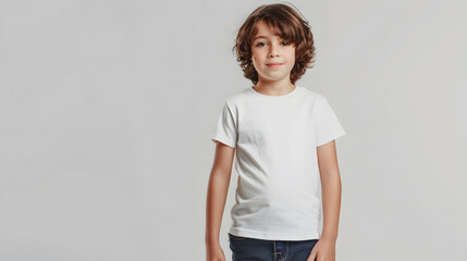 mockup featuring a long hair boy wearing a white shirt, showcasing its versatility for various designs and styles , grey background