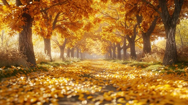 Autumn alley with beautiful golden colors and leaves. generative ai