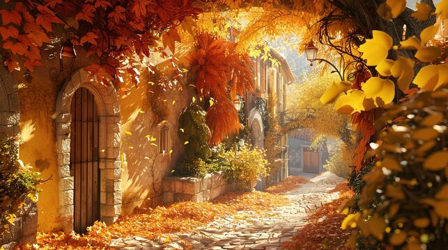 Autumn alley with beautiful golden colors and leaves. generative ai