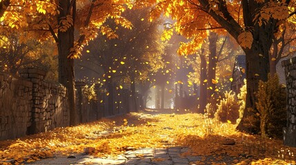 Autumn alley with beautiful golden colors and leaves. generative ai