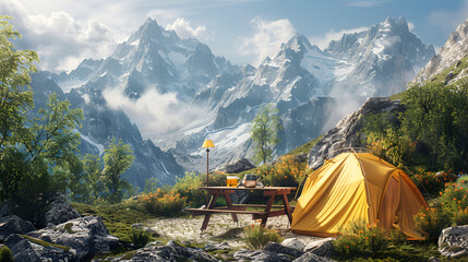 Concept of sustainability in the adventure tourism industry, A bright orange tent in a rocky alpine environment under a clear blue sky with white clouds
 - obrazy, fototapety, plakaty