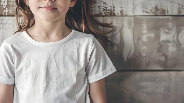 mockup featuring a child wearing a white shirt, showcasing its versatility for various designs and styles. no face, wooden background