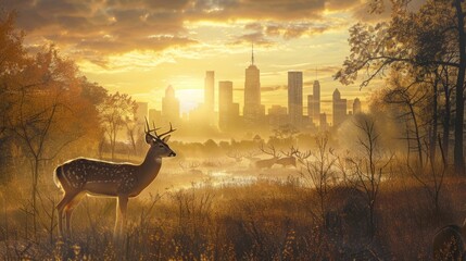 Deer in Field With City Background