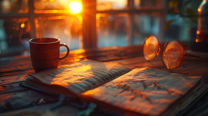 Sunset Serenity with Coffee and Literature - obrazy, fototapety, plakaty