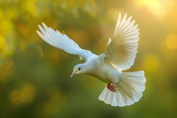 White dove flying in sunlight