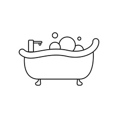 Naklejka premium Bath in linear style vector icon. Shower logo concept. Outline of a cute bathtub in a simple flat style. Cleanliness vector icon. Home interior for bathroom vector. Vector illustration.