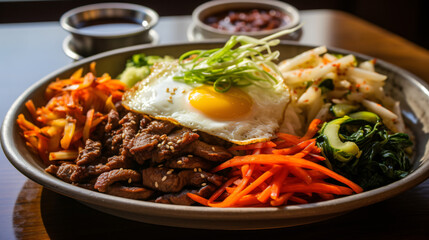 A platter of Korean bibimbap with rice vegetables and