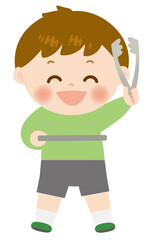 トレーとトングを持っている男の子のキャラクターイラスト
